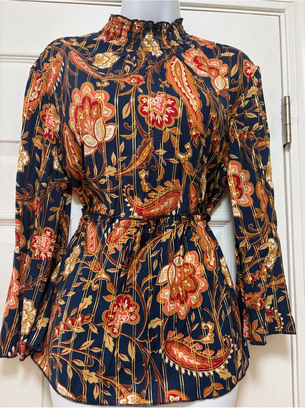 Women's Navy Floral Paisley Long-Sleeve Top
